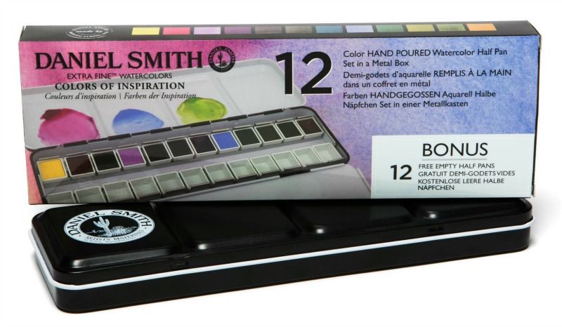 DANIEL SMITH Hand Poured Watercolour Half Pans Metal Box - 12 Colours of Inspiration