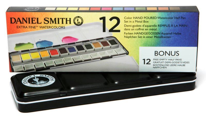 DANIEL SMITH Hand Poured Watercolour Half Pans Metal Box - 12 Colours