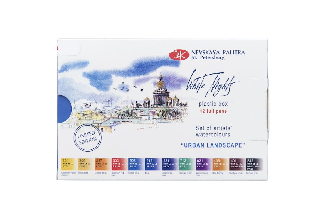 WHITE NIGHTS Artists' Watercolours Set - 12 Full Pans & Plastic Palette - Urban Landscape