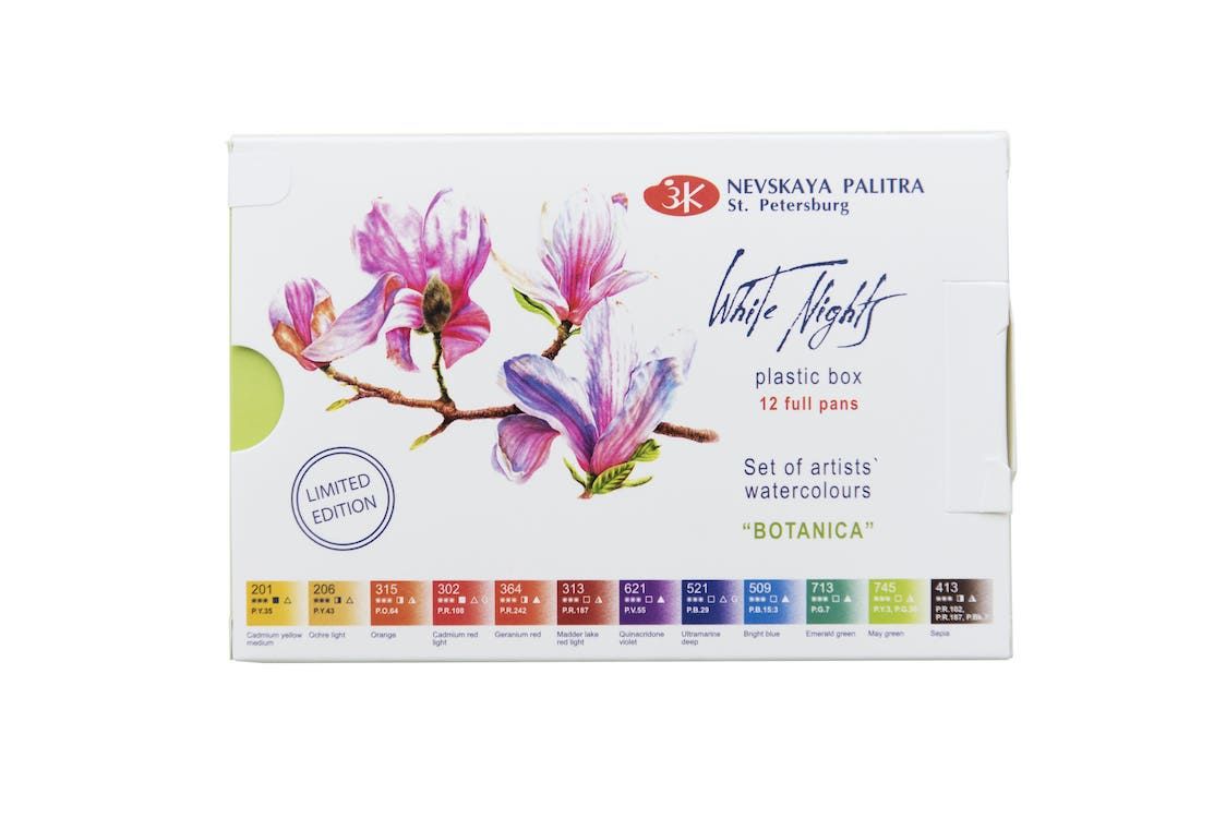 WHITE NIGHTS Artists' Watercolours Set - 12 Full Pans & Plastic Palette - Botanica