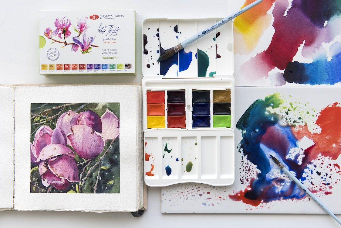 WHITE NIGHTS Artists' Watercolours Set - 12 Full Pans & Plastic Palette - Botanica