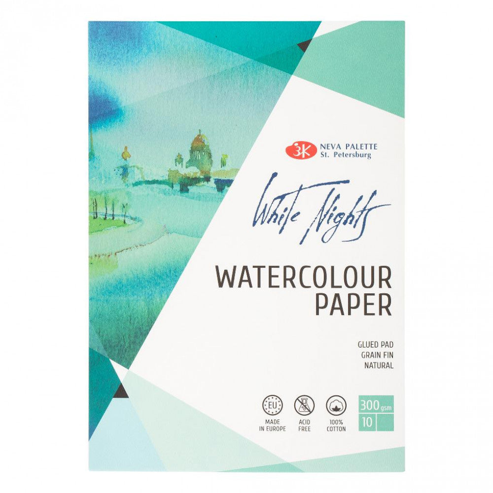 WHITE NIGHTS Watercolour Pad - 100% Cotton - Fine Grain 300gsm - 10 Sheets - A4