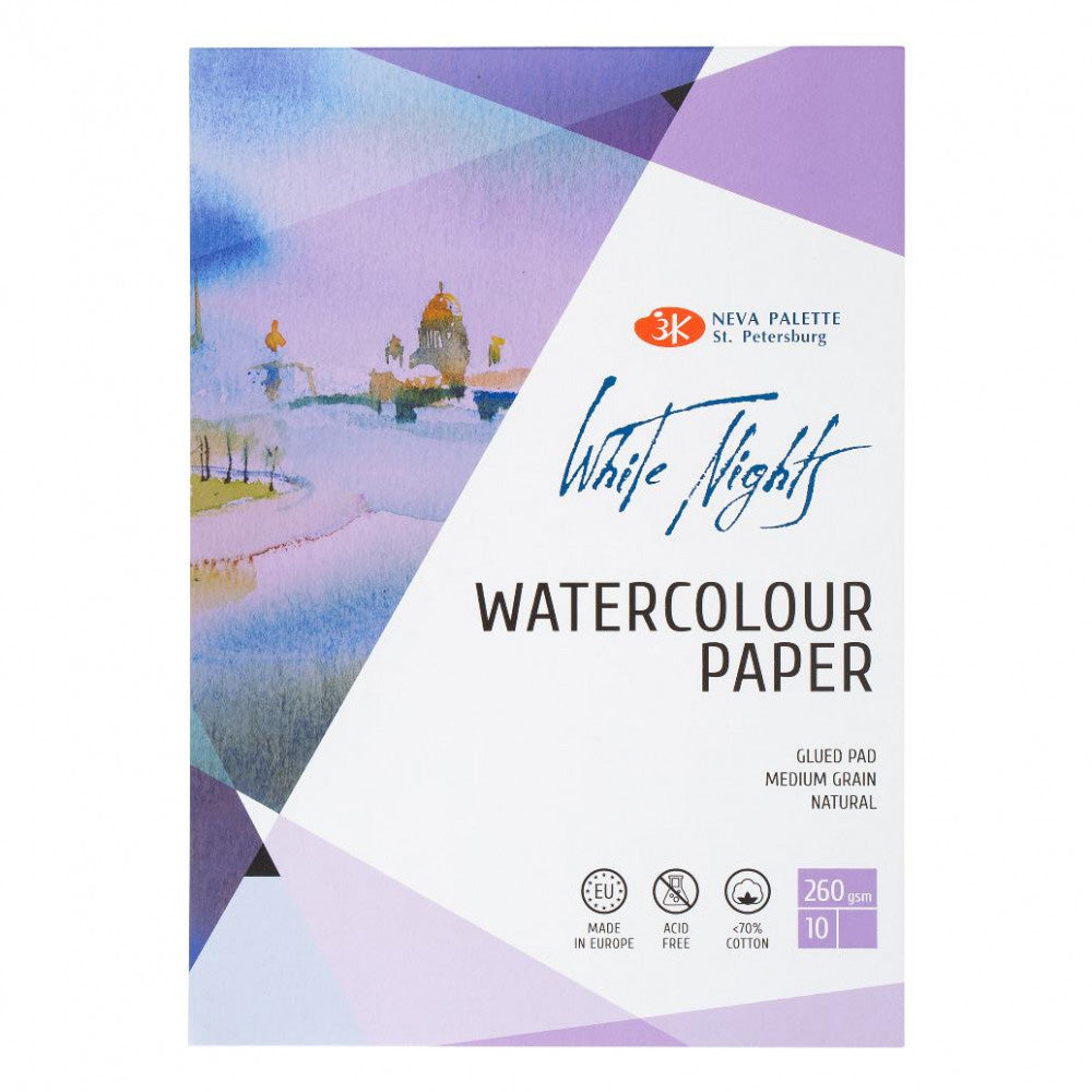 WHITE NIGHTS Watercolour Pad - Cotton Blend - Medium Grain 260gsm - 10 Sheets - A4