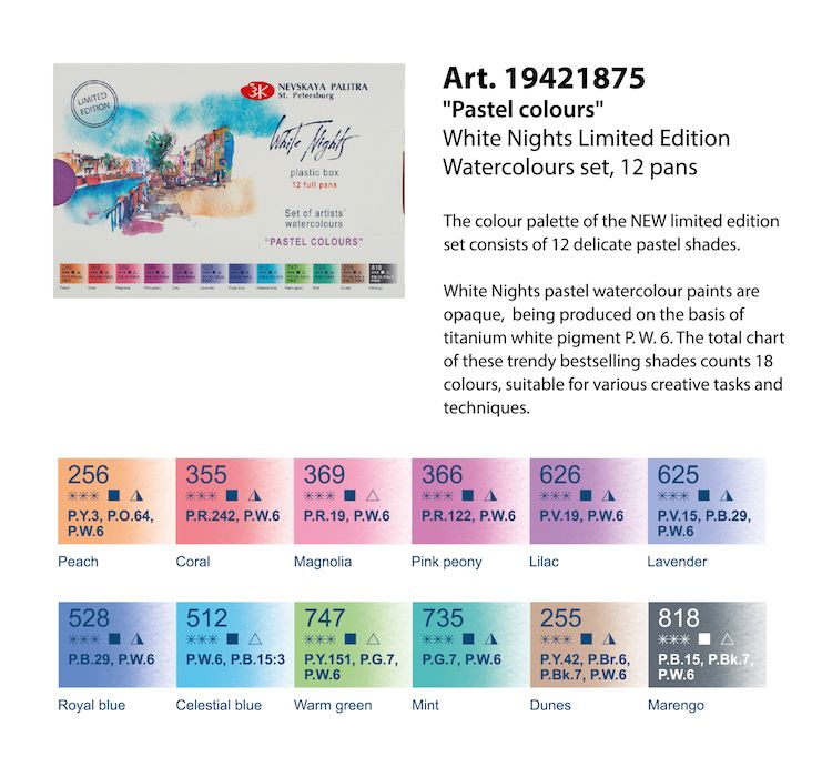 WHITE NIGHTS Artists' Watercolours Set - 12 Full Pans & Plastic Palette - Pastel Colours