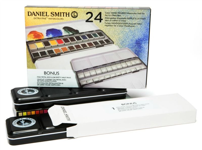 DANIEL SMITH Hand Poured Watercolour Half Pans Metal Box - 24 Colours + Bonus Metal Box